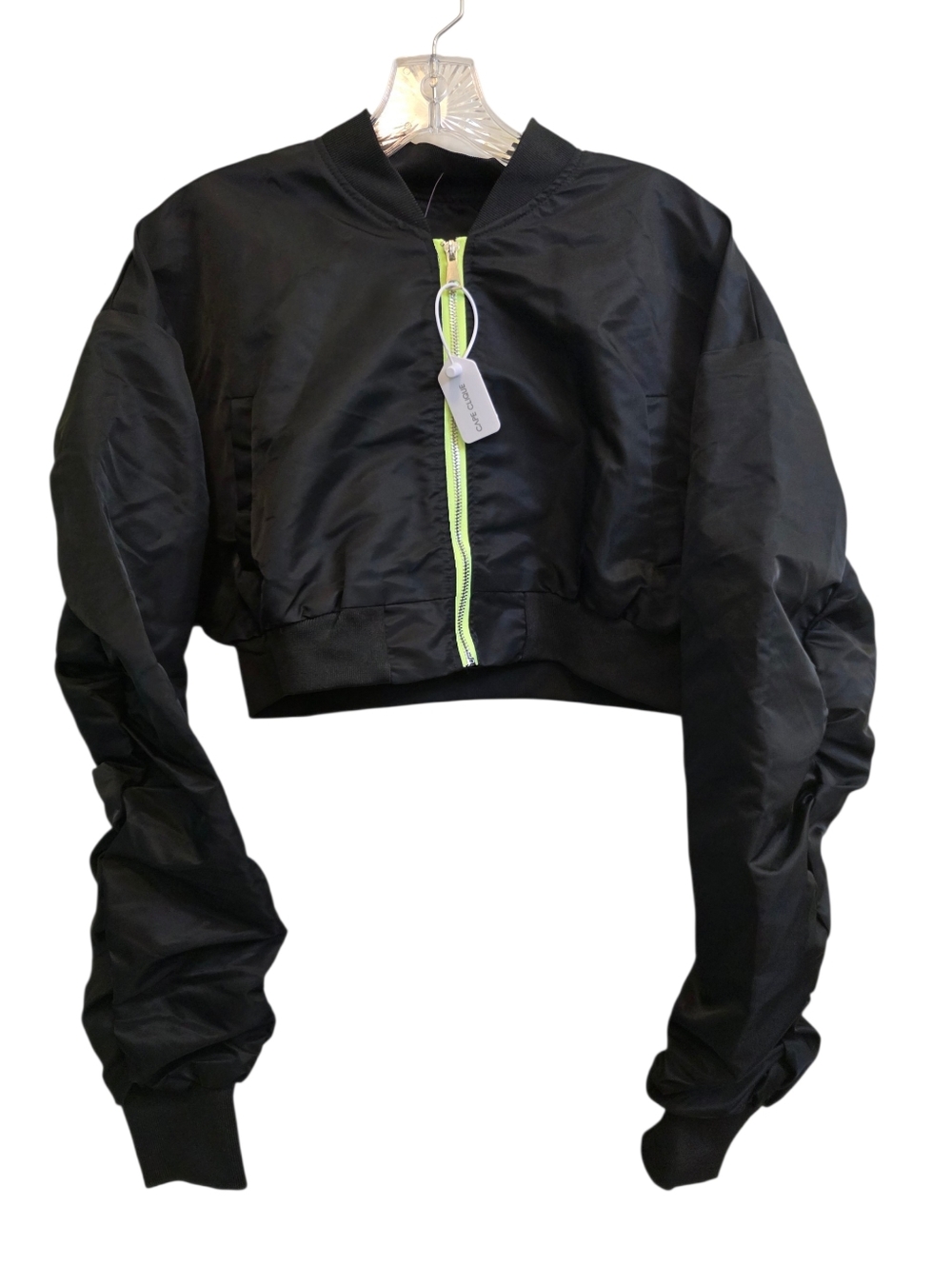 Cape Clique Cropped Black Jacket With Ruched Sleeves And Neon Zipper Detail OS